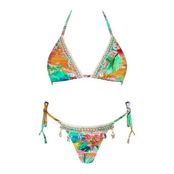 Tropical Palm Mid Summer Shell Trim Triangle Bikini Swimsuit Set - Picture 3 of 3